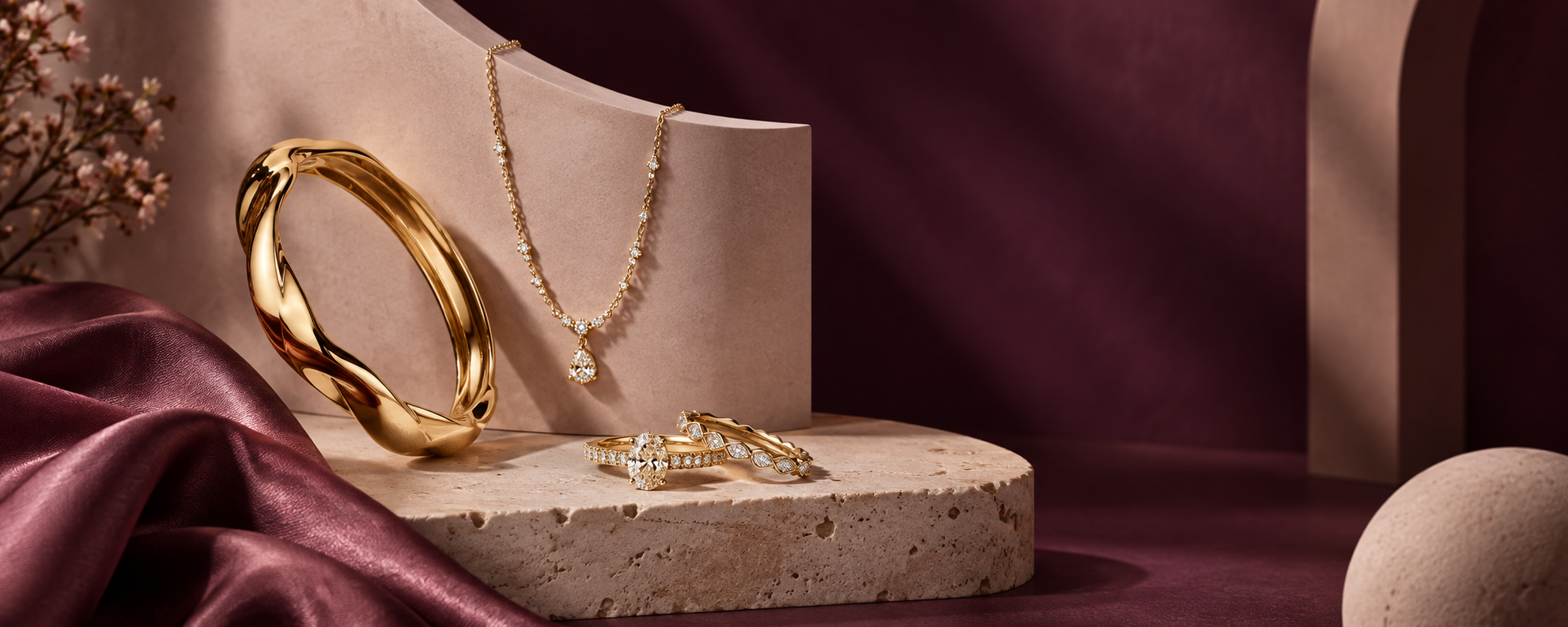 Gold and diamond jewellery displayed against a rich plum backdrop