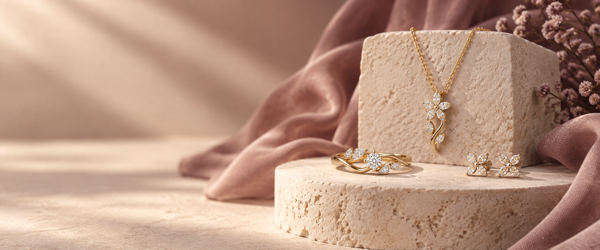 Gold and diamond jewellery arranged on warm ivory stone with rose silk